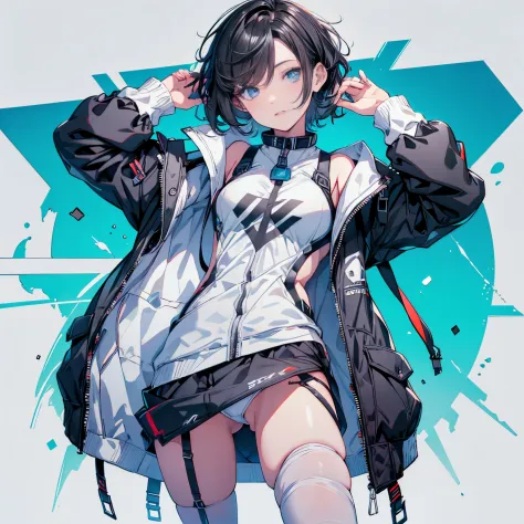 (masutepiece:1.2, Best Quality), [1 girl in, expressioness, Turquoise eyes, jet-black hair, half short hair,White jacket,Jacket is taken off, ] (Gray white background:1.3),