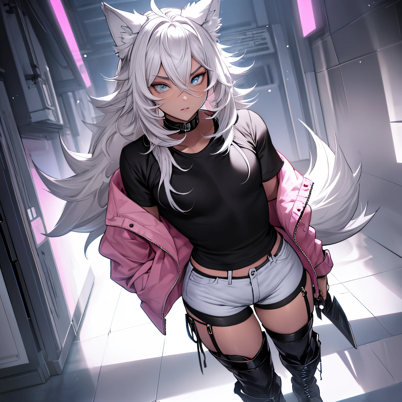 Single boy, Anime Femboy, Short, Long white hair, wolf ears, wolf tail, blue eyes, wearing short denim shorts, thigh high fishnets, black combat boots, wearing fur lined open pink jacket, flat chest, super flat chest, wearing cropped t-shirt, solo femboy, only one femboy ((FLAT CHEST)) solo, alone, (SOLO)(ALONE) thicc thighs, wide hips, blue eyes, perfect eyes, perfect face, pouty lips, happy, curvy, sparkly blue eyes