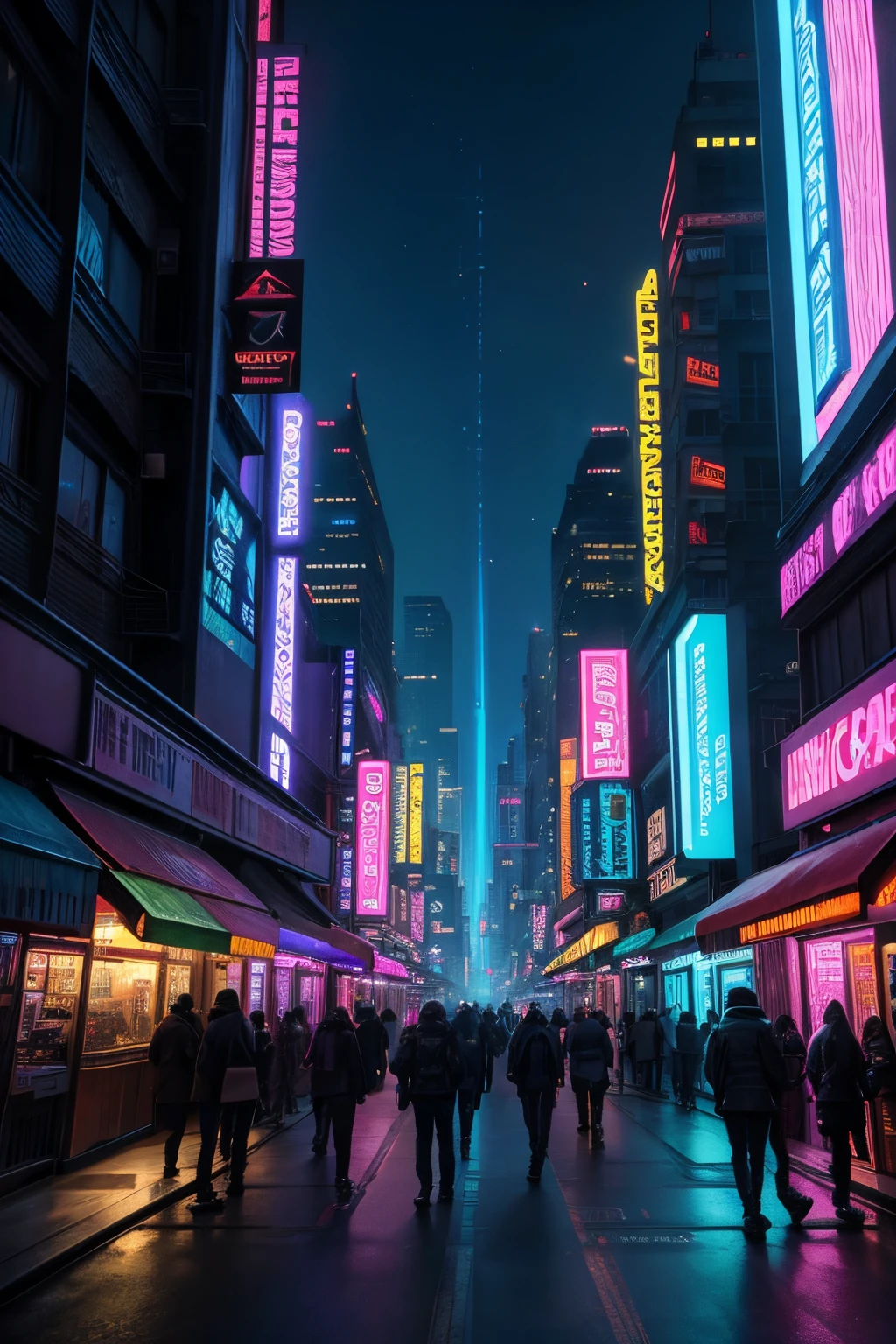 In the neon-drenched world of Cyberpunk 2077, the city comes alive with a kaleidoscope of colors and futuristic technology as night falls.

Cityscape:
The sprawling metropolis stretches out in every direction, a vast expanse of towering skyscrapers and labyrinthine streets. Buildings are adorned with holographic billboards, casting an iridescent glow that paints the  landscape in hues of electric blues, vibrant purples, and deep reds.

Neon Lights:
Neon signs flicker and hum, creating a mesmerizing dance of light. Each street is a corridor of brilliance, with vibrant advertisements competing for attention. The air is thick with the gentle buzz of holographic projections and the distant hum of flying vehicles.

Megabuildingegabuildings soar into the night sky, their surfaces covered in massive LED displays and animated advertisements. Each megabuilding is a vertical city, housing thousands of inhabitants and serving as a beacon of corporate power.

Flying Vehiclelying cars zip through the air, leaving trails of light behind them. The night sky is a highway of airborne vehicles, weaving through the towering structures with a sense of controlled chaos. The glow of their engines paints streaks across the darkness.

Augmented Reality:
People on the streets interact with augmented reality interfaces, their cyber-enhanced eyes displaying layers of digital information. AR advertisements and notifications float in the air around them, creating a dynamic and immersive experience.

Street Level:
At street level, bustling marketplaces come to life with vendors selling cybernetic enhancements, futuristic gadgets, and street food under the glow of neon signs. Nightclubs thump with electronic beats, and alleyways harbor clandestine dealings.

Tech Noir Atmosphere:
The atmosphere is Tech Noir, a fusion of technology and gritty  life. The city is a paradox, simultaneously awe-inspiring and dystopian, where high-tech advancements coexist with the struggles of the st