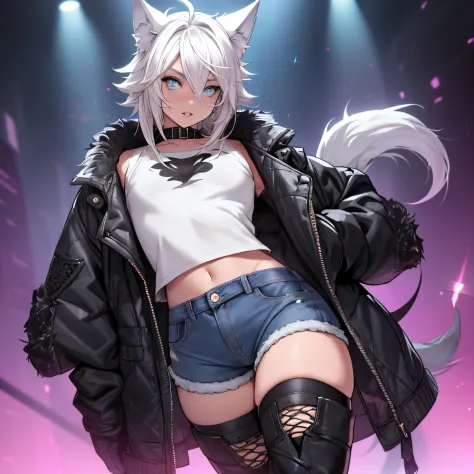 single boy, anime femboy, short, long white hair, wolf ears, wolf tail, blue eyes, wearing short denim shorts, thigh high fishne...