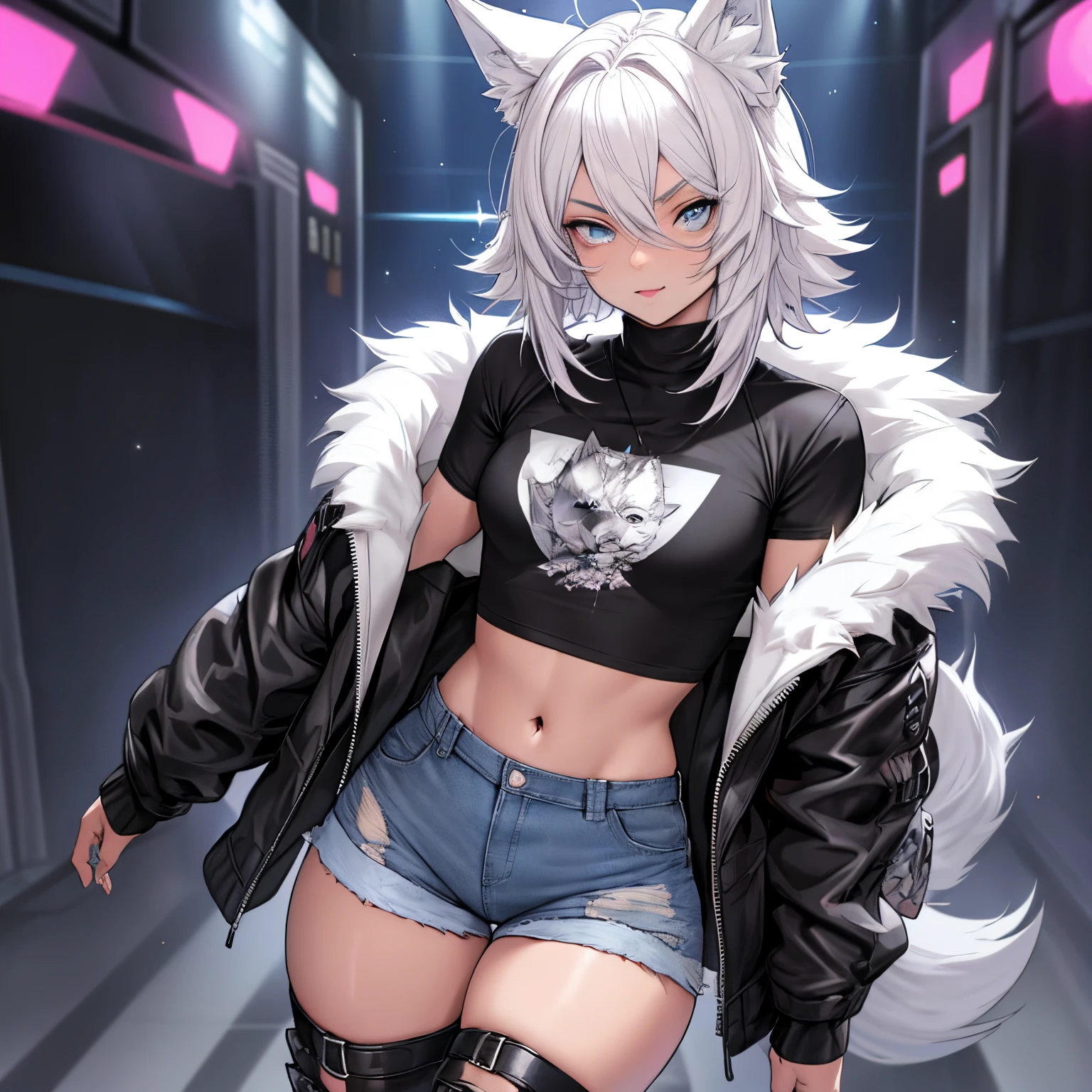 Single boy, Anime Femboy, Short, Long white hair, wolf ears, wolf tail, blue eyes, wearing short denim shorts, thigh high fishnets, black combat boots, wearing fur lined open pink jacket, flat chest, super flat chest, wearing cropped t-shirt, solo femboy, only one femboy ((FLAT CHEST)) solo, alone, (SOLO)(ALONE) thicc thighs, wide hips, blue eyes, perfect eyes, perfect face, pouty lips, happy, curvy, sparkly blue eyes