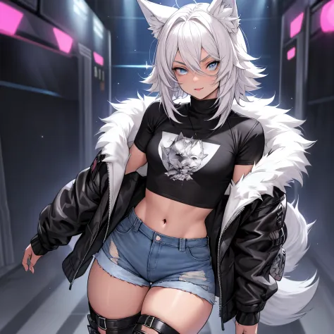 single boy, anime femboy, short, long white hair, wolf ears, wolf tail, blue eyes, wearing short denim shorts, thigh high fishne...