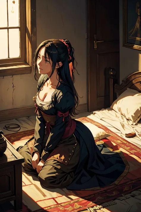 Anime style, human, woman, medieval ages, inside house in bedroom, corpses, plague, bubonic plague, crying.