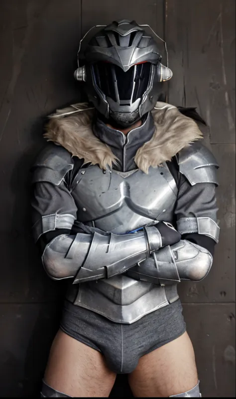 hiquality, beste-Qualit, tmasterpiece, 独奏, 1boy, guy Goblin Slayer, Armor dress, shelmet, glowing eye, panache, fur collar, Against a wall, crossed arms, looking a viewer, Market , Guy without pants, , bulge in underpants, The guy has a bump  , outstanding...