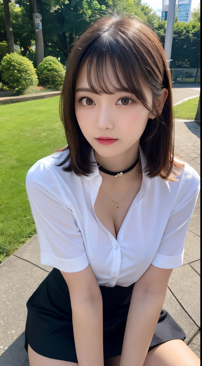 finely detail, hight resolution, hightquality、Perfect dynamic composition, Beautiful detailed eyes, Medium Hair, small tits、Natural Color Lip,Kamimei、Shibuya、20 years girl、1 persons、Transparent skin、Glowing hair、masutepiece, Best Quality, Ultra-detailed, finely detail, hight resolution, 8K、The correct state of the human body、crouching down、Gravure Model Pose,Beautiful sunset,Park Garden,beautiful ilumination,Photographed with hair fluttering in the wind,((White shirt with collar:1.5,Black short skirt:1.5,I can see the cleavage,Spread your legs and show your panties,sit on a bench))