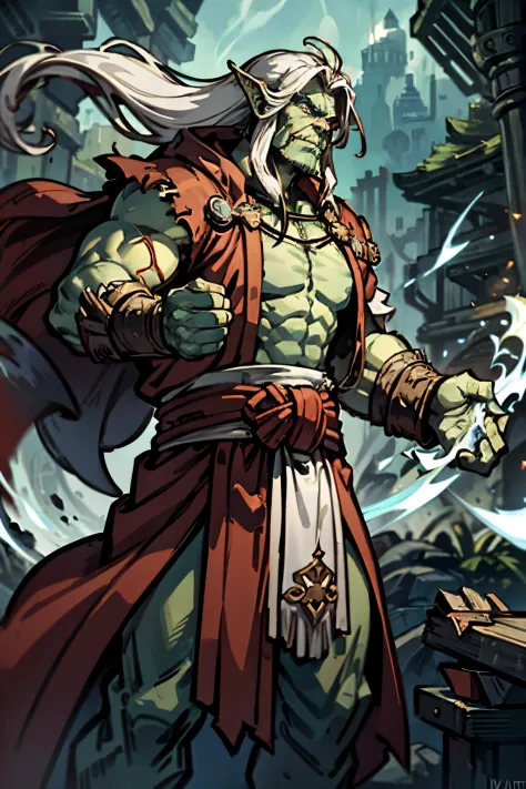 An Orc Monk that is a large and green, long flowing white hair, floating tall in the air, wearing a long red robe, Old aged, battled harden, and certainly has seen some nasty stuff. His fists glow with a pale blue color, and seem to be causing energy to sw...