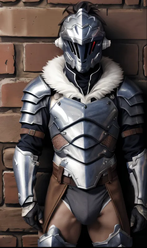 hiquality, beste-Qualit, tmasterpiece, 独奏, 1boy, guy Goblin Slayer, Armor dress, shelmet, glowing eye, panache, fur collar, Against a wall,  hands behind the head , looking a viewer, Market , Guy without pants, , bulge in underpants, The guy has a bump  , ...