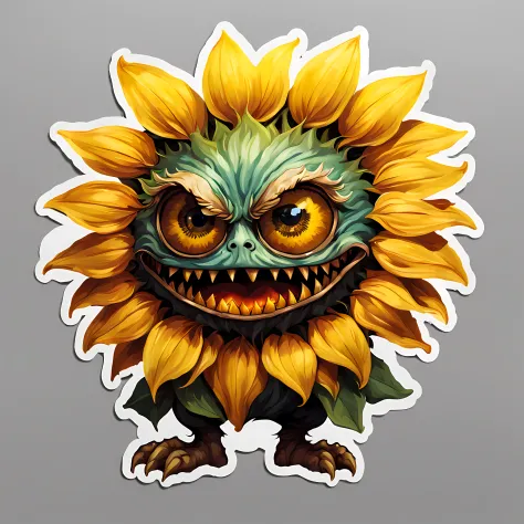 big (sticker) of a cute ((furious sunflower monster)) ((looking at the viewers)) ((vivid eyes)), Bloodborne vibes, stickers, simple background, More Detail