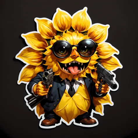 big (sticker) of a cute adorable furious (((sunflower gangster))) ((looking at the viewers)) ((vivid eyes)), (holding a gun), ((Noir vibes)), simple background, stickers, More Detail