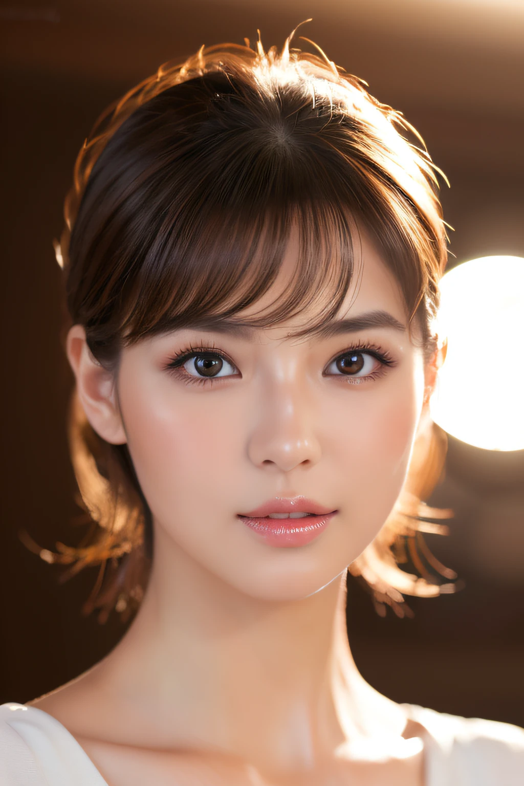 (top-quality,8K,​masterpiece,Photorealsitic),
Japan Person Model,
Very beautiful face,(face perfect,Crisp eyes,Detailed lips,lipgloss),
Colossal tits,
light effect,Interior lighting effects,