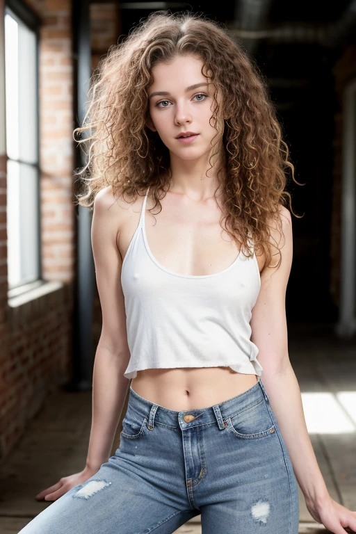 Actor headshot of a very sexy very skinny, exotic white 16 year old, very long ass-length curly brown haired freckles, seated on the floor a tight white German army tank top and worn ripped jeans, barefoot, nipples showing through tank top, camel toe showing through jeans, wide-set eyes, blue eyes, background is an out of focus very dark dramatic lit artist factory loft photostudio hallway with very out of focus bokeh circles of light along a distant background  wall