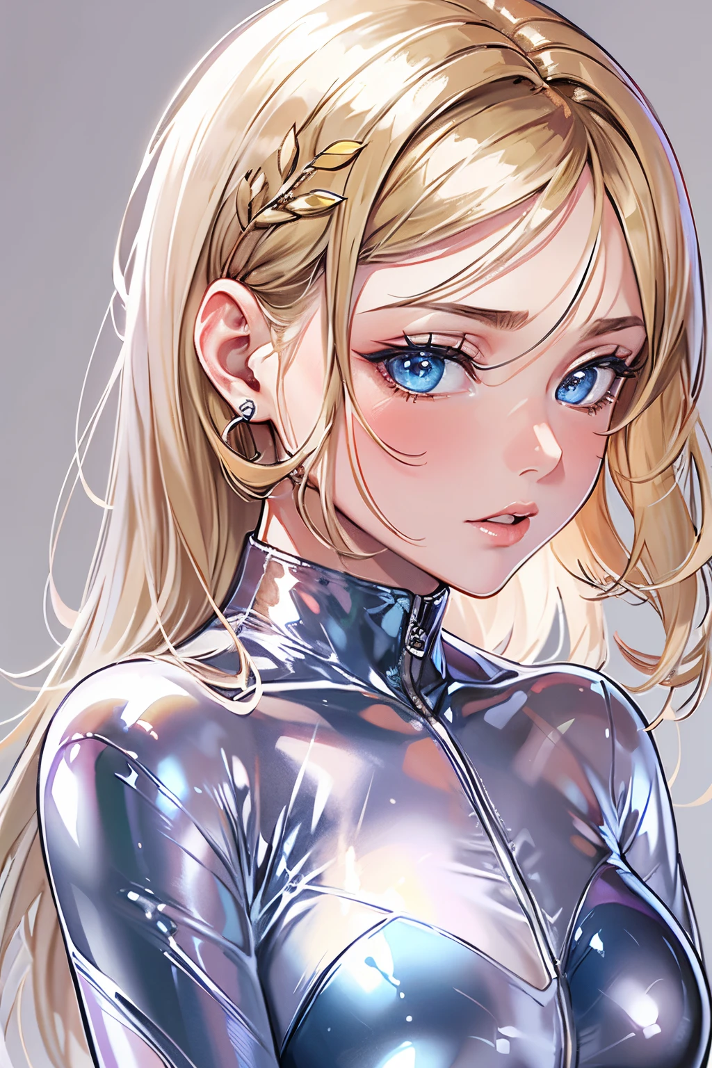 in 8K、glossy latex suit、(((Transparent latex suit)))、short golden hair with arms behind head、Beautiful woman with blue eyes、Latex suit that shows off your body line beautifully、Upper body only