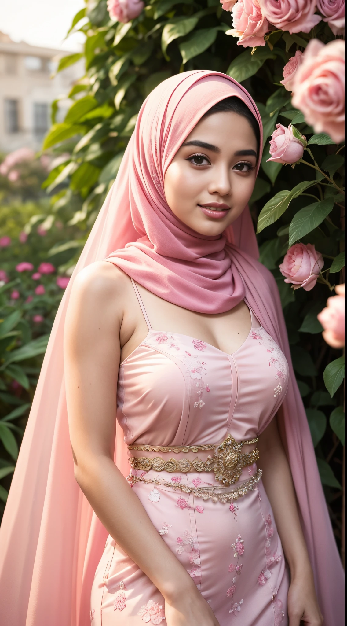 RAW, Best quality, high resolution, masterpiece: 1.3), beautiful Malay woman in hijab,Masterpiece, perfect fit body, Huge breast, big gorgeous eyes, open mount,Soft smile,wearing a pink dress and a pink hijab, pastel pink, inspired by Nazmi Ziya Güran, inspired by Naza, pink pastel, hijab, malaysian, inspired by Shaddy Safadi, with lovely look, wearing beautiful clothes, lovely woman, inspired by Fathi Hassan, some pink, background is heavenly, pastel pink skin tone, faded pink  ,thick thighs, Delicate turtleneck, long necklace, shairband, afternoon walk, garden plant, Excellent lighting, Bright colors, Clean lines