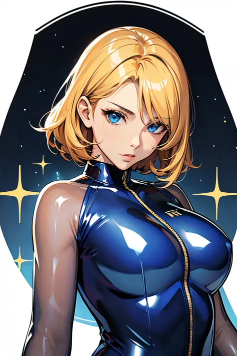 8K、glossy latex suit、(((Transparent latex suit)))、(((Transparent latex suit)))、short golden hair with arms behind head、Beautiful woman with blue eyes、Latex suit that shows off your body line beautifully、Upper body only