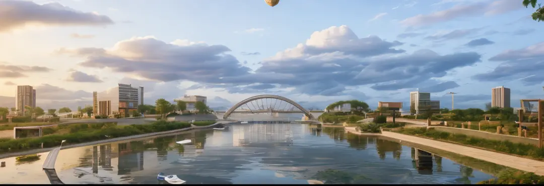 landscape in Da Nang, in the middle is the dragon bridge and under the dragon bridge is the river, on the right and left are high-rise and low-rise buildings, there are vehicles and people, there are planes in the sky, night renderings have lamp