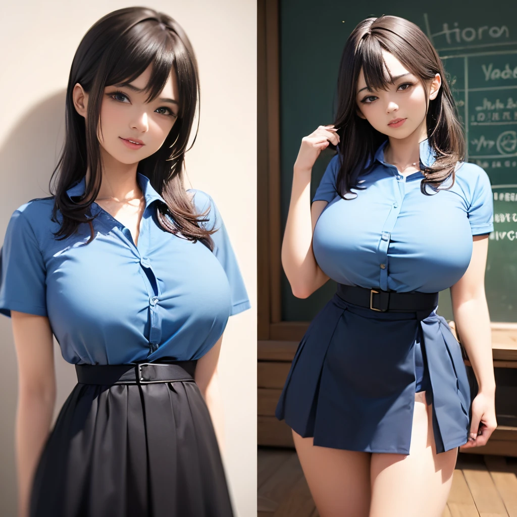 A close up of a woman in a blue shirt and black skirt - SeaArt AI