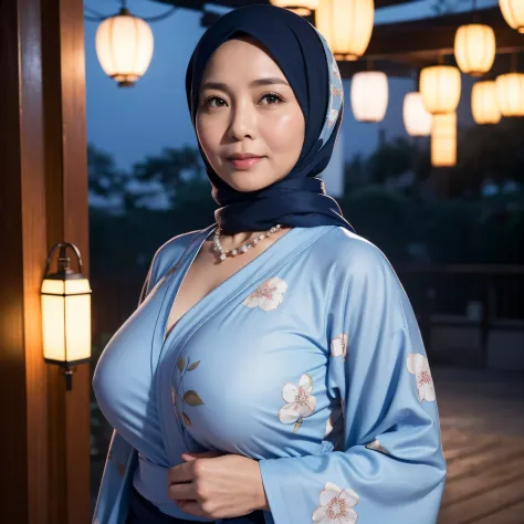 58 Years old, Indonesian mature woman, wearing Wide Hijab, perfect , natural Gigantic breast : 96.9, gorgeous eyes, Soft smile, wear a Yukata, No Wearing Bra, necklace, Breast about to burst Out, Nightime walk, Lewd Situation, Light Colour.