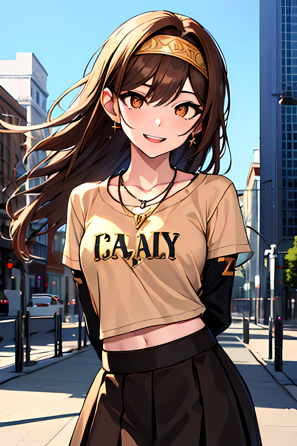 (masterpiece), best quality, expressive eyes, highres, perfect eyes, perfect face, perfect hands, 1girl, genie, zodiac, shirt over 1 shoulder, Brown bikini, long sleeves, necklace, long Brown Hair, city background, headband, Brown eyes, Brown skirt, small bust, rings, bracelets, charismatic, crazy face, crazy eyes, crazy smile, perfect anatomy, half body, l1girl, solo, brown shirt, gold letters, graphic t-shirt, bracelets, rings, necklace, jewelry, arm sleeves, fingerless gloves, manipulative, gaslighting, friendly, hands behind back