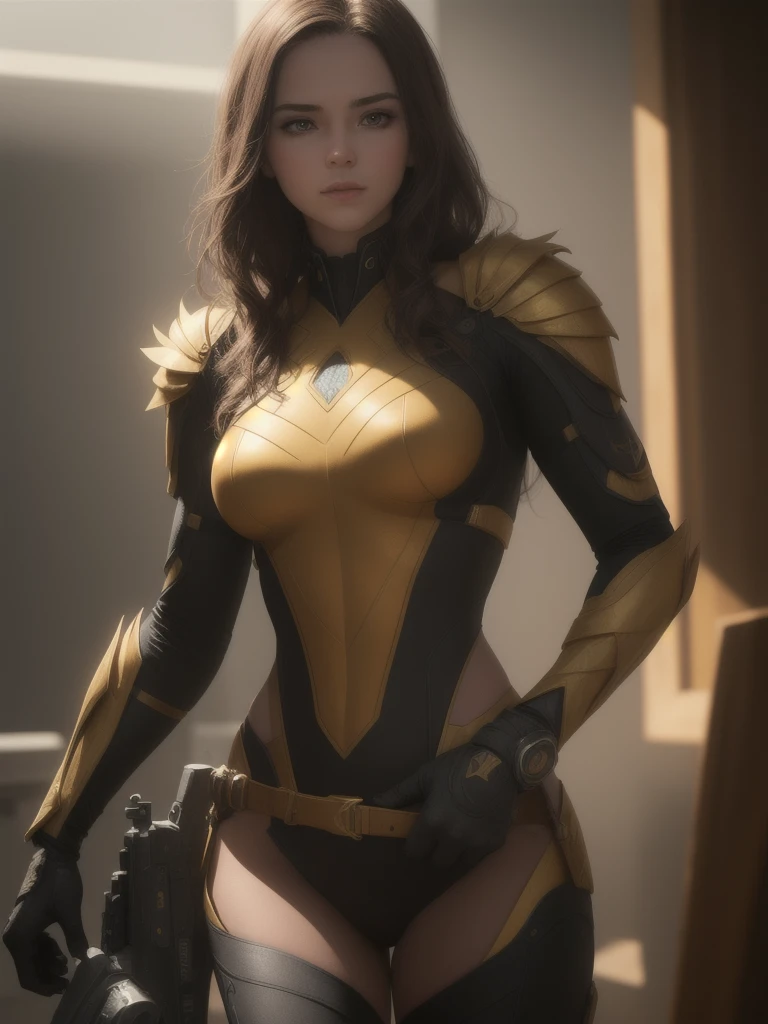 Humanoid (anthropomorphic) sunflower in the role of a superhero, dressed in a golden superhero costume, sunflower is a superhero, sunflower holds a fantastic gun in his hands, sunflower looks focused, pay attention to the details of equipment and costume, 3D, Octane render, hyperdetalized, cinematic, perfect composition, beautiful detailed complex insanely detailed rendering of octane in trend on artstation, 8k art photography, photorealistic concept art, soft natural volumetric cinematic perfect light, chiaroscuro, award-winning photography, masterpiece, perfect composition, beautiful detailed complex insanely detailed octane render trending on artstation, 8k art photography, photorealistic concept art, soft natural volumetric cinematic perfect light, chiaroscuro, award-winning photography, masterpiece