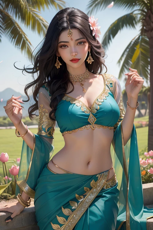 a girl,wearing an elegant 100% transparent saree,curly long hair,deep black eyes,shiny red lips,brown skin,lotus flower in her hair,bindi on forehead,palms decorated with henna,in a blooming garden,bright colorful flowers,green grass,blue sky,sunshine falling on her,peaceful and serene expression,subtle smile on her face,fingers delicately touching flower petals,body language full of grace and elegance, scenic beauty,painting as medium,detailed and vivid,high-resolution image,photorealistic rendering,vibrant colors,soft and warm lighting, her boobs exposed, , vagina and clitoric can be seen