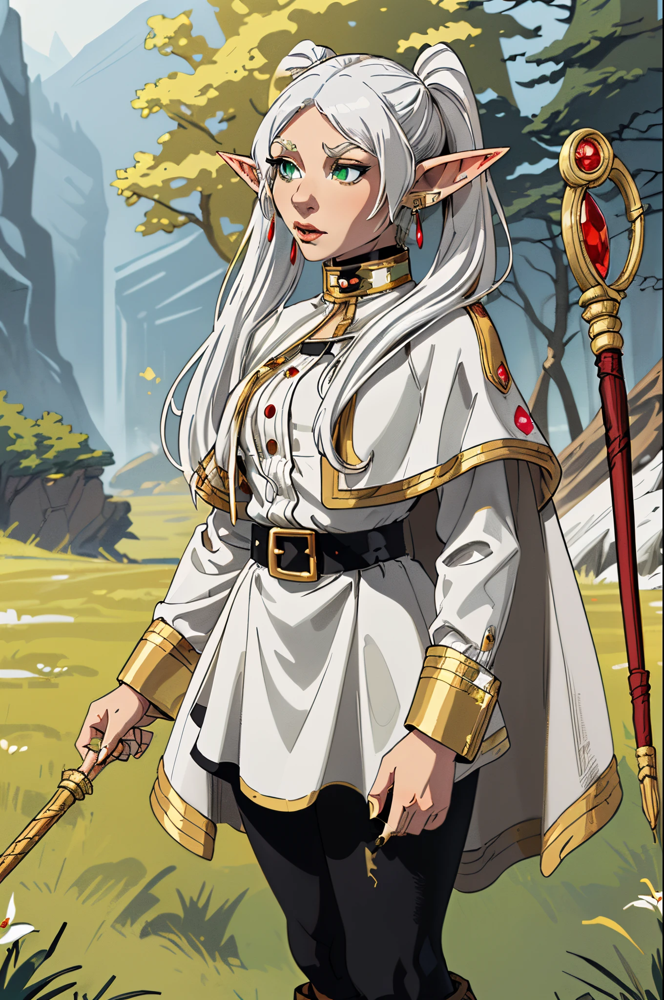 mAsterpiece, best quAlity,( Frieren: Jenseits des Reiseendes
) , (( A , femAle Elf with green eyes And long white hAir tied into two pigtAils. Like All Elves, she hAs lArge, pointed eArs.

She weArs A striped blAck And white shirt, Along with A white jAcket with gold embellishments tucked into A mAtching skirt with A blAck belt. Over her jAcket, she weArs A short white And gold cApe with A high collAr. She Also weArs blAck tights And brown boots, And A pAir of gold And red eArrings.)) perfect AnAtomy, FrierenBAse, twintAils, eArrings, white cApelet, gestreiftes Hemd, weißer Rock, lange Ärmel, belt, blAck pAntyhose, stAff, holding stAff, draußen, Wald,