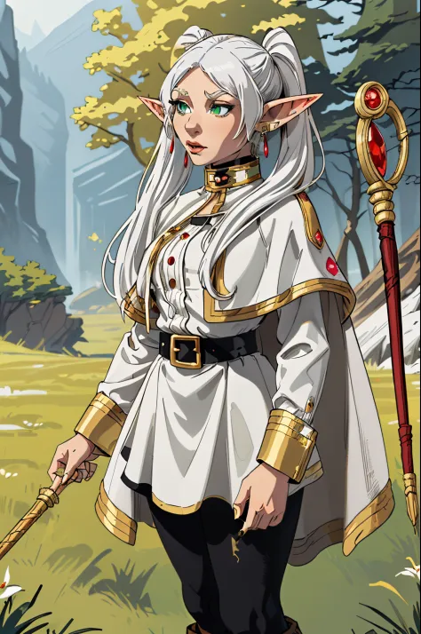 masterpiece, best quality,( Frieren: Beyond Journey’s End
) , (( a petite, female Elf with green eyes and long white hair tied i...