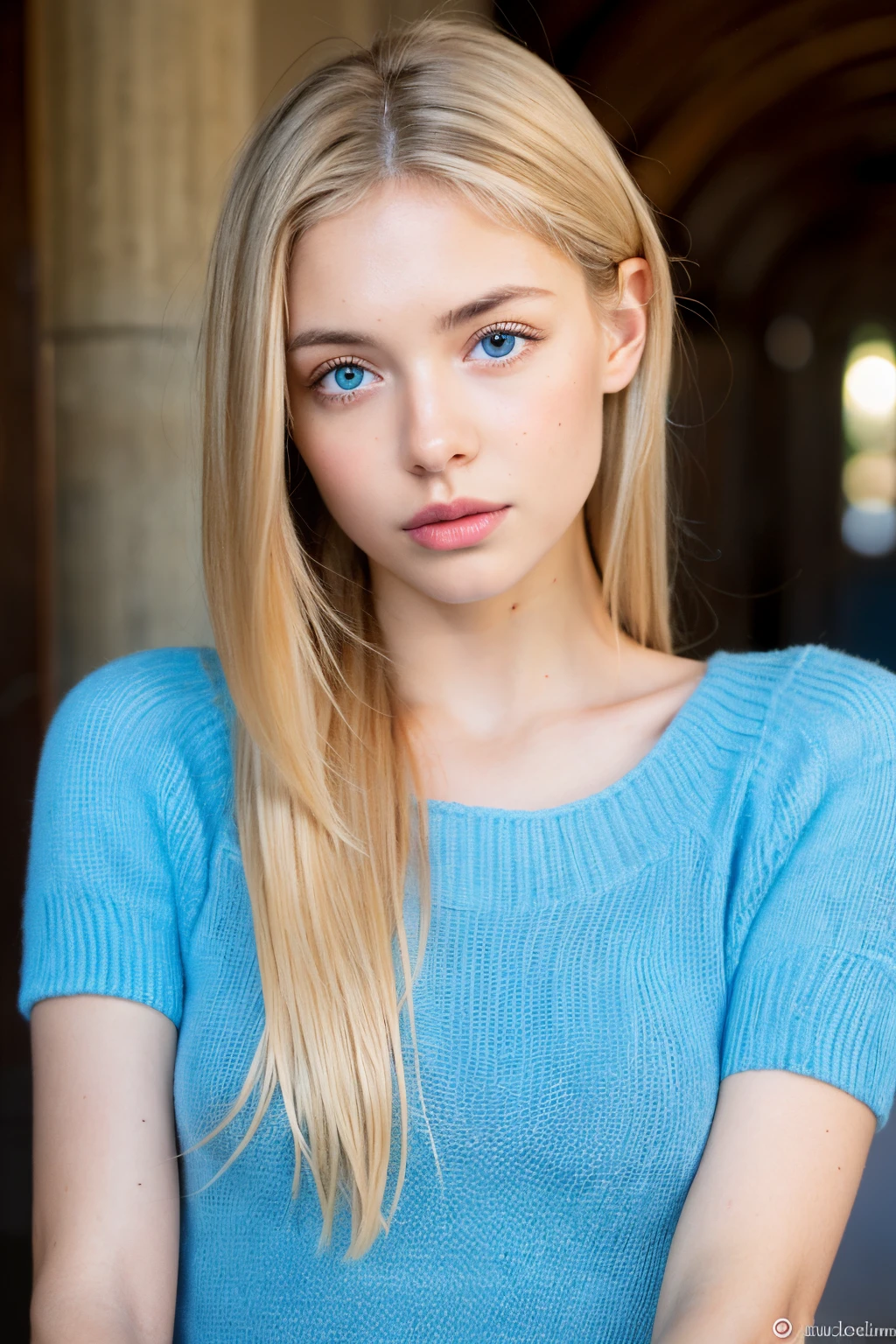 A close up of a woman with long blonde hair wearing a blue sweater - SeaArt  AI