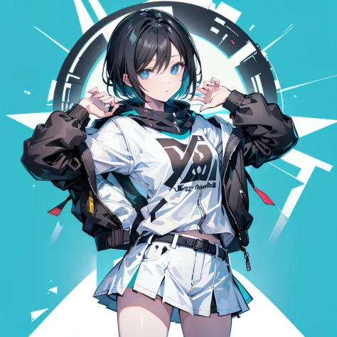 (masutepiece:1.2, Best Quality), [1 girl in, expressioness, Turquoise eyes,jet-black hair, Half shorthair,White jacket,Take off your jacket, ] (Gray white background:1.3),