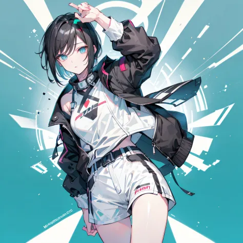 (masutepiece:1.2, Best Quality), [1 girl in, expressioness, Turquoise eyes,jet-black hair, Half shorthair,White jacket,Take off your jacket, ] (Gray white background:1.3),