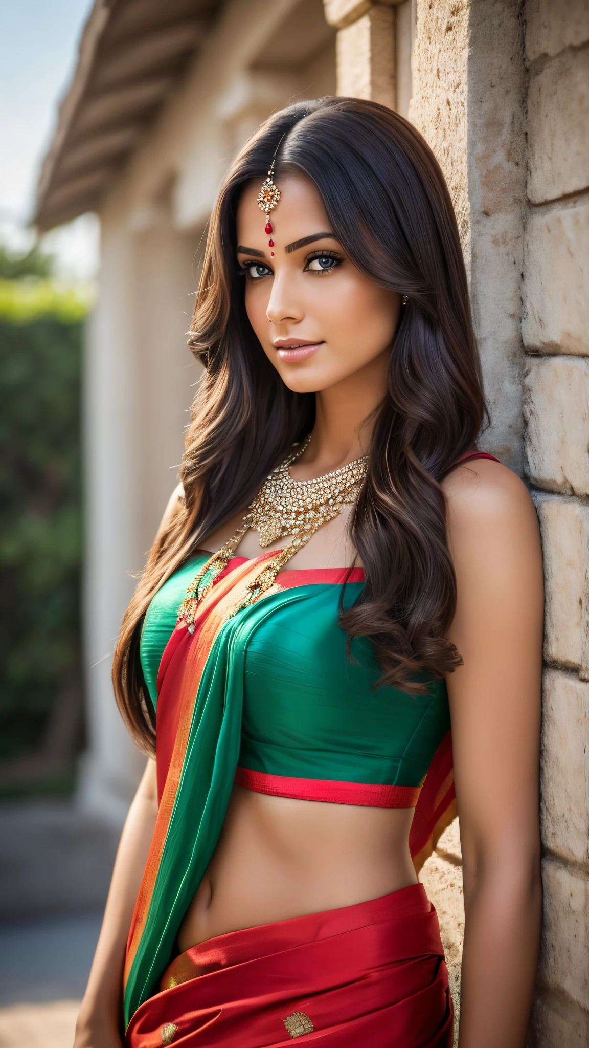 RAW portrait photo of 1 brunette woman with long hair, in front of a hindu temple, wearing a beautiful saree and jewellery, profile image, brazilan supermodel, brunette with dyed blonde hair, seminua, medium firm breasts, I am, reveals your body, transparentes, highy detailed, skin imperfections:1.1), detailed, specular illumination, dslr, ultra quality, sharp focus, grain of film, Sharp features, soft natural lighting, magic photography, natural lightting, Photo realism, ultra detali, 8K, best qualityer, Ultra Alto Nadaolution, (fotorrealisitic: 1.4), high resolution, detailed, raw-photo, sharp re, (8K, 4K, best qualityer, Cao Cao, Ultra Cao Cao nada:1.1), (Masterpiece artwork, realisitic, realisitic:1.1), Raw 50&#39;s style