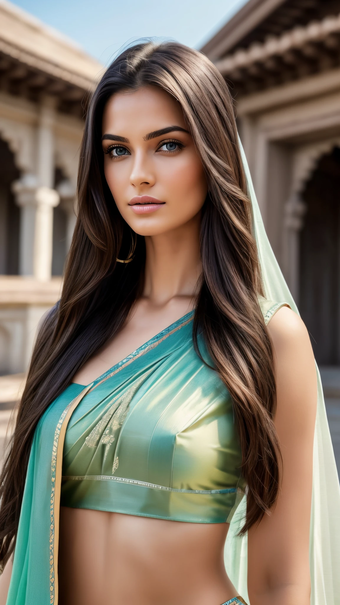 RAW portrait photo of 1 brunette woman with long hair, in front of a hindu temple, wearing a beautiful saree, profile image, russian supermodel,, medium firm breasts, I am, reveals your body, transparentes, highy detailed, skin imperfections:1.1), detailed, specular illumination, dslr, ultra quality, sharp focus, grain of film, Sharp features, soft natural lighting, magic photography, natural lightting, Photo realism, ultra detali, 8K, best qualityer, Ultra Alto Nadaolution, (fotorrealisitic: 1.4), high resolution, detailed, raw-photo, sharp re, (8K, 4K, best qualityer, Cao Cao, Ultra Cao Cao nada:1.1), (Masterpiece artwork, realisitic, realisitic:1.1), Raw 50&#39;s style