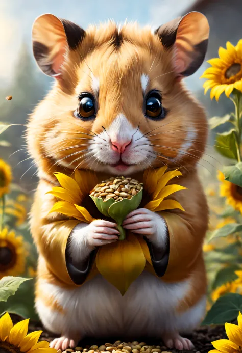 Cute hamster eating sunflower seeds, concept art portrait by greg rutkowski, ArtGerm