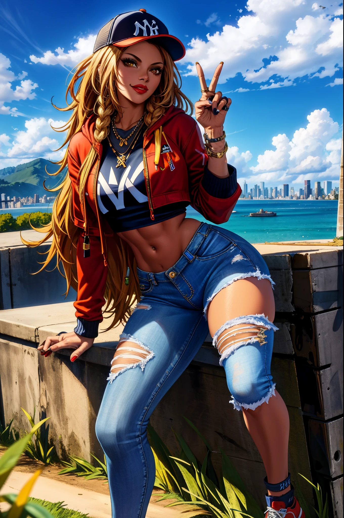 lindo, (obra de arte:1.2), (melhor qualidade:1.2), Freya, Olhando para o visualizador, Tênis Jordan, calça justa, corte superior, Capuz supremo, Boné de beisebol do New York Yankees, colar de corrente dourada, batom vermelho, delineador preto, posando para uma foto, Fundo da Califórnia, sorrindo confiante, sinal de paz,