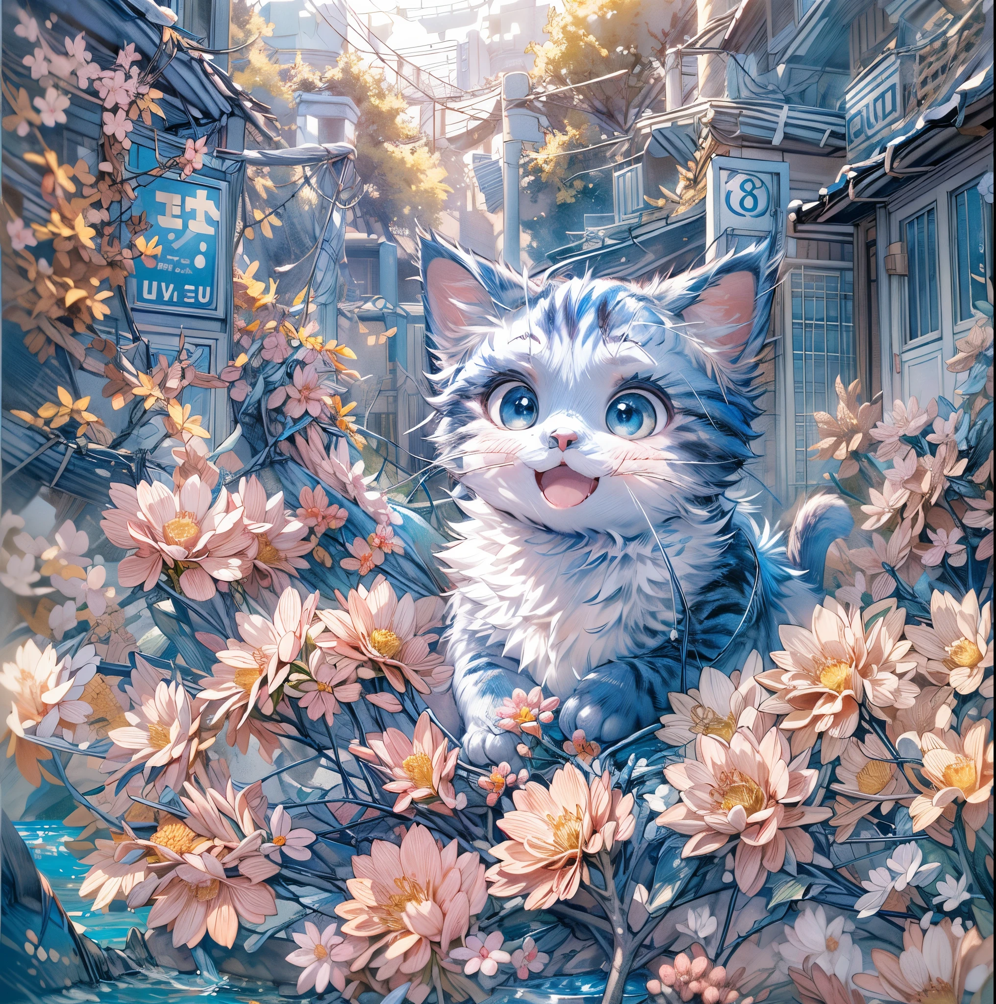 absurdes, ultra-détaillé,couleur vive,(8k:1.5),morceau de masséter,Le paradis des chats,marque de coeur,paysage lumineux、pour ça, ciel ouvert bleu、visage et yeux détaillés extrêmement beaux,(Personnification de chat:1.4)、(yeux bleu profond:1.4) vallée、Peau rose、Matin d&#39;été、Une ruelle avec beaucoup de fleurs épanouies、(Pose de chat),(Un sourire trop mignon:1.3)、double dent,