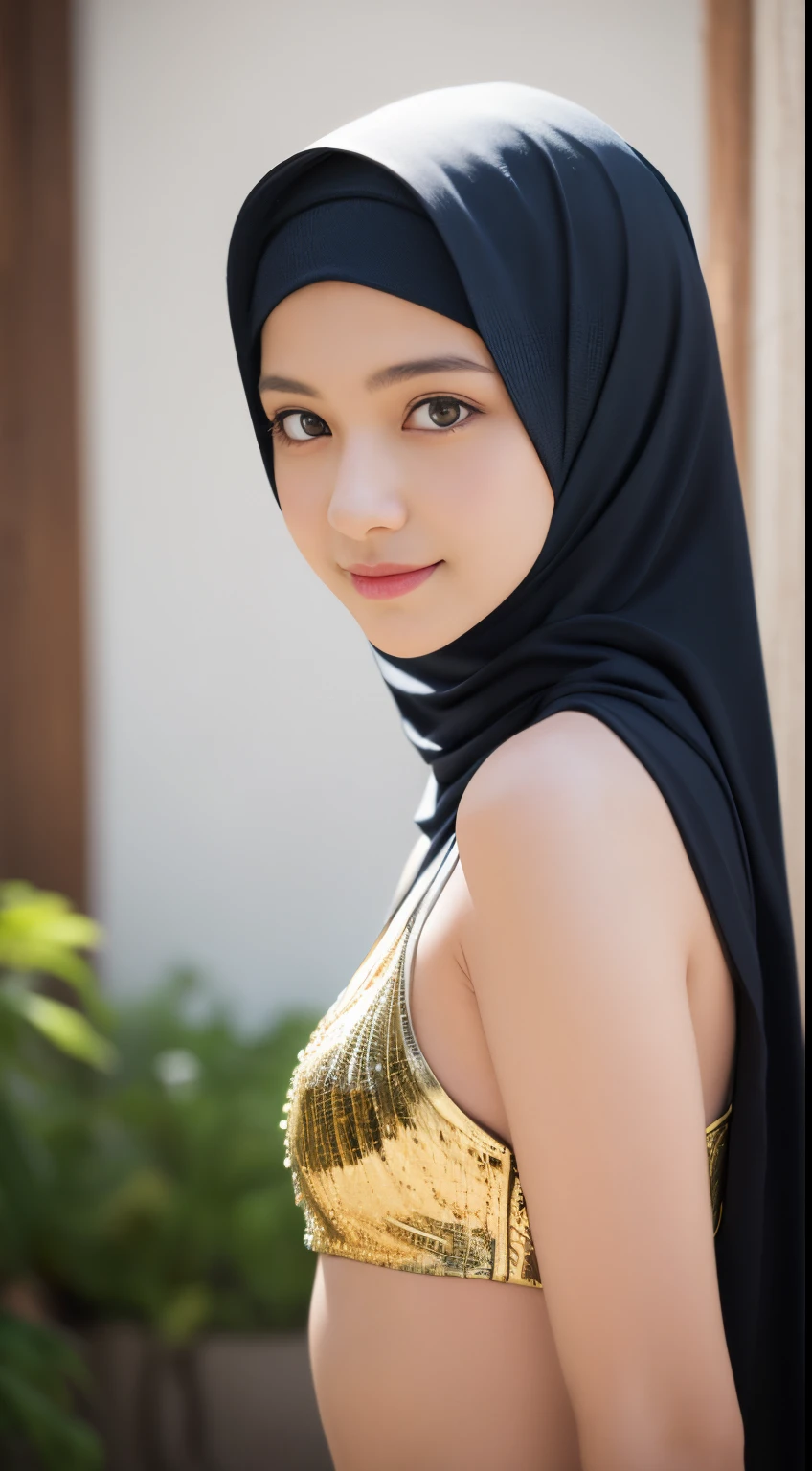 bellydancer, nsfw, ((lebanese)), ((hijabi)), masterpiece, best quality, 8k, 15yo, , raw photo, absurdres, award winning portrait, solo, night, neon, idol face, violaceaess, gardeniass, delicate girl, upper body, DSLR, looking at viewer, candid, sophisticated, youthful, smile, professional lighting, film grain, chromatic aberration, (detailed eyes and face:1.0), (bokeh:1.1)