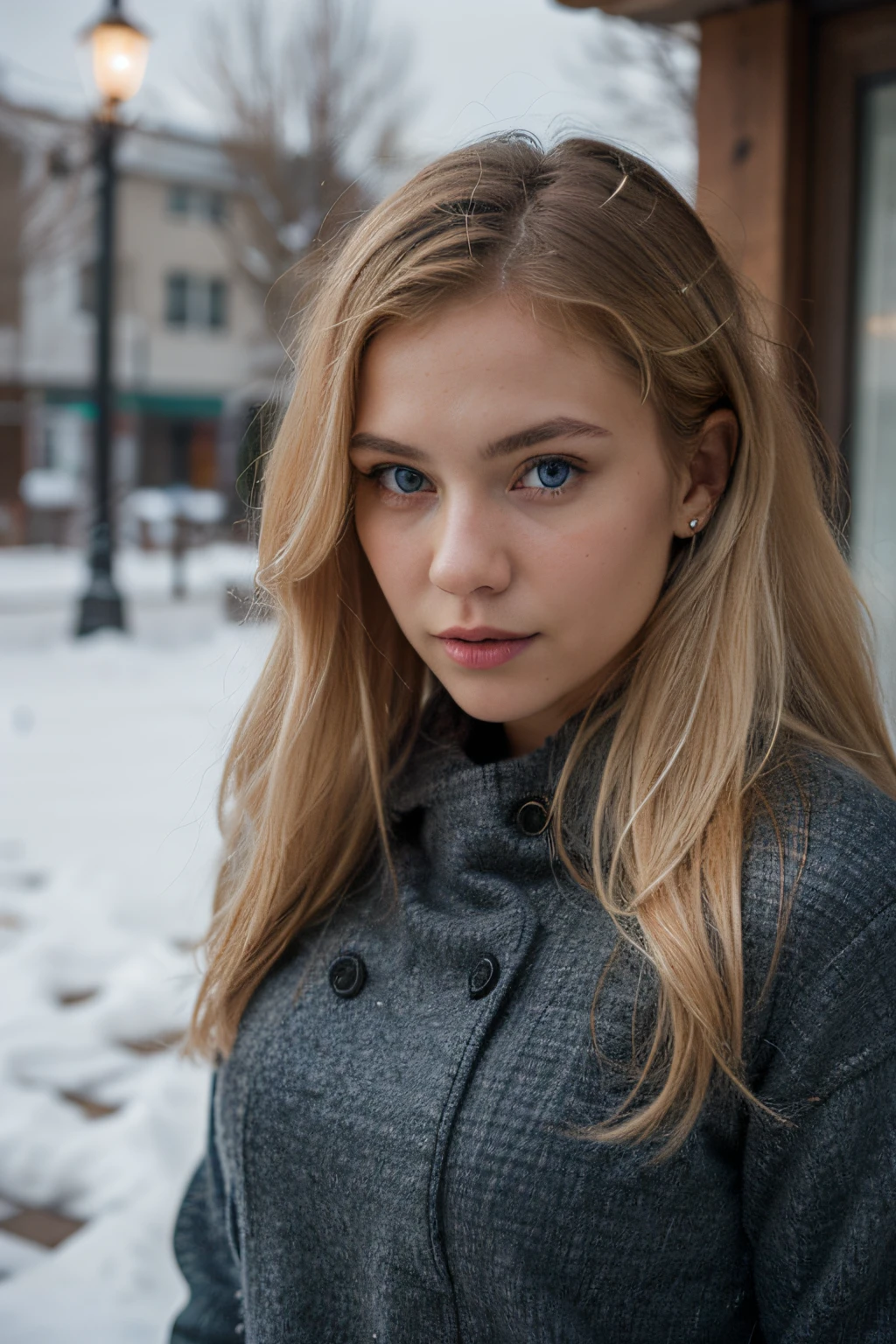 Extrem realistisches blondes russisches Mädchen mit blonden Haaren und blauen Augen, detaillierte Kleidung, Fotoshooting für Winterkleidung
