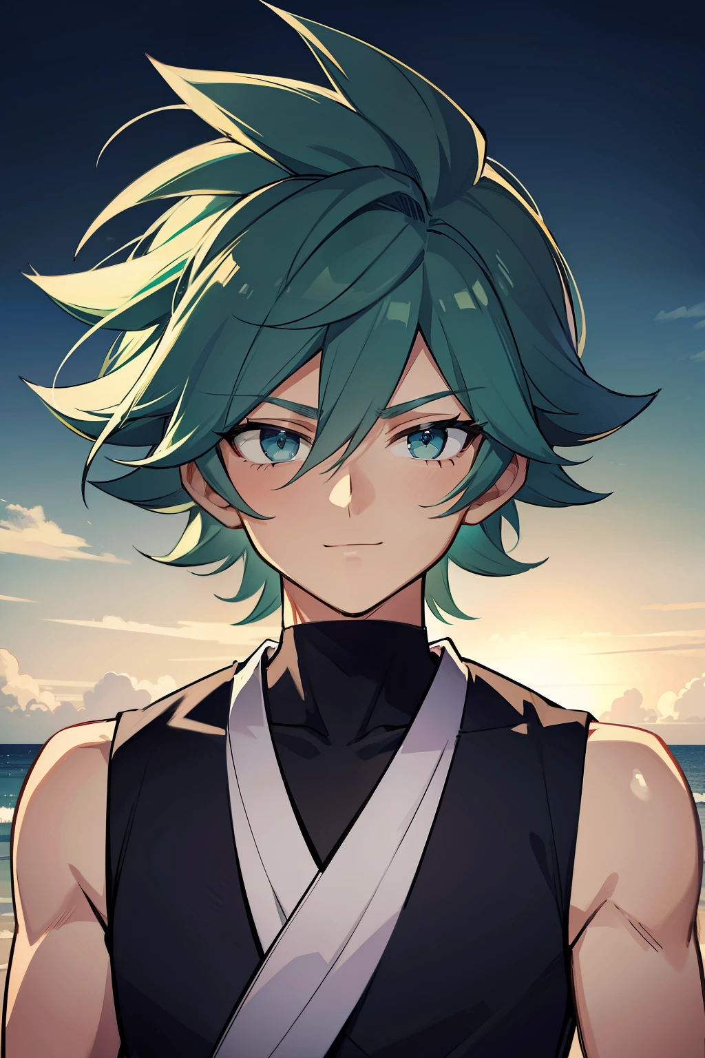 (high-quality, breathtaking),(expressive eyes, perfect face) 1boy, male, solo, young adult , medium blue hair, green coloured eyes, stylised hair, gentle smile, short length hair, loose hair, side bangs, curley hair, really spiky hair, spiked up hair, looking at viewer, portrait, ancient greek clothes, blue black and white tunic, white Chlamys, sleeveless, greek, blue and gold sash, ocean background, laurel accessory, slightly narrow eyes, masculine face, masculine eyes