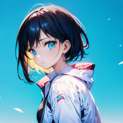 (masutepiece:1.2, Best Quality), [1 girl in, expressioness, Turquoise eyes,jet-black hair, Half shorthair,White jacket,Take off your jacket, ]