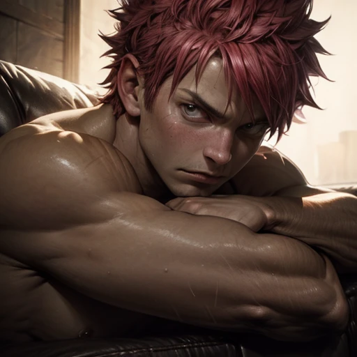 Musclé,Natsu Dragneel,torse nu,sur un canapé,illustration,ultra-détaillé,Réaliste,portrait,Ton de couleur foncée,éclairage maussade