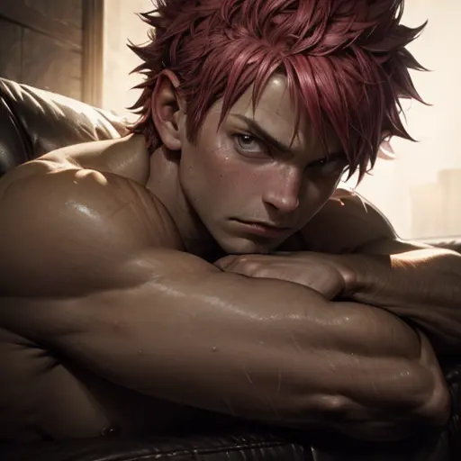 muscular,Natsu Dragneel,bare chested,on a sofa,illustration,ultra-detailed,realistic,portrait,dark color tone,moody lighting