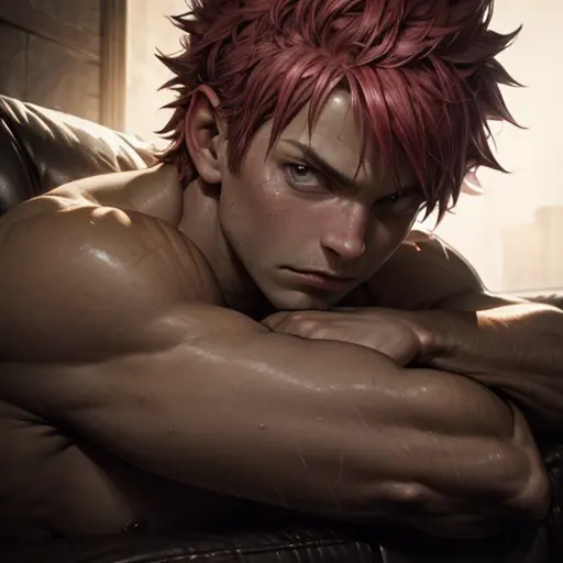 muscular,natsu dragneel,bare chested,on a sofa,illustration,ultra-detailed,realistic,portrait,dark color tone,moody lighting