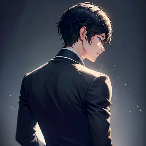 1boy,black hair,blue eye,black suit,white shirt,soft lighting, volumetric lighting, intricate details, hyper detailed,(extremely...