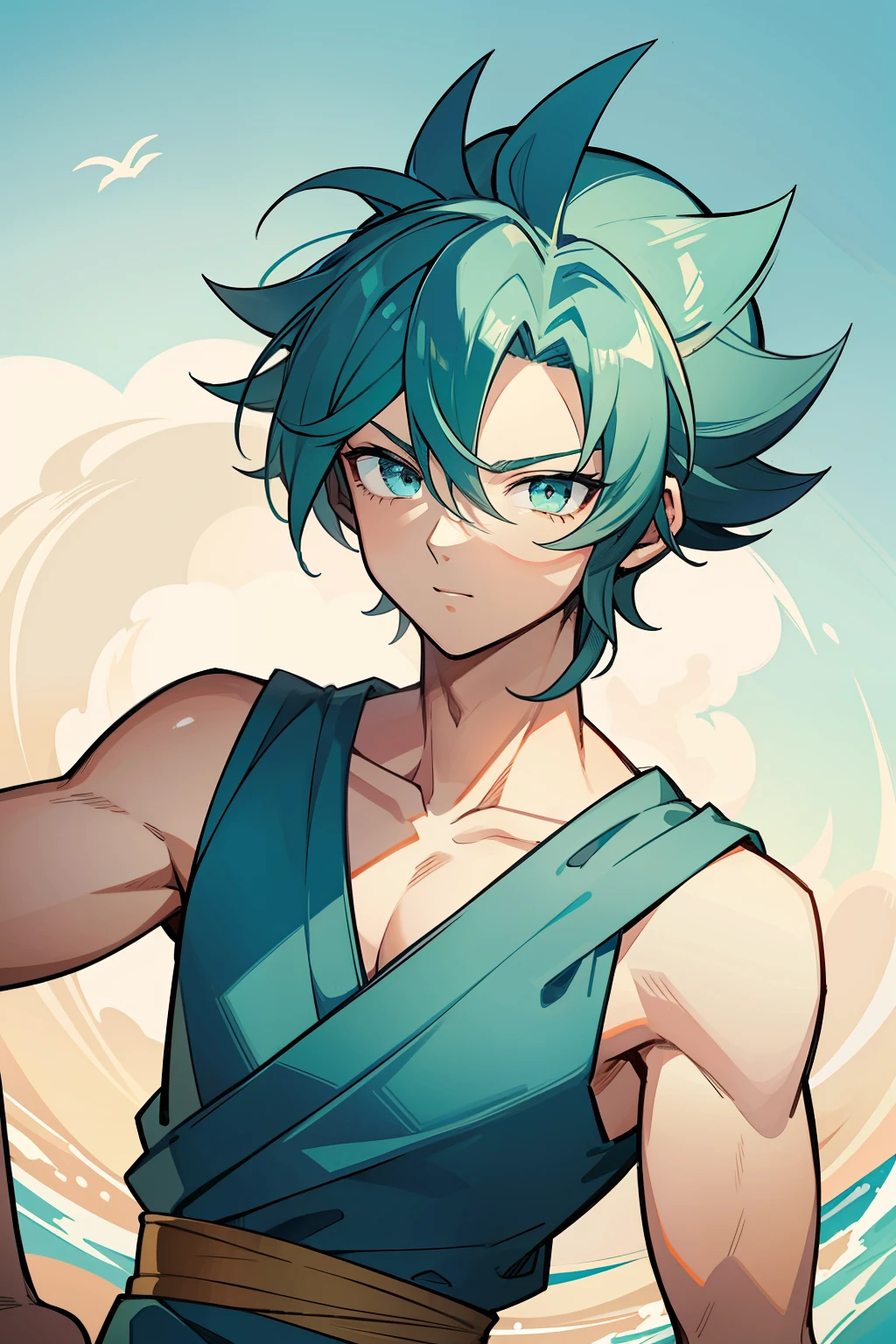 (high-quality, breathtaking),(expressive eyes, perfect face) 1boy, male, solo, young teen, medium blue hair, green coloured eyes, stylised hair, gentle smile, medium length hair, loose hair, side bangs, curley hair, really spiky hair, spiked up hair, looking at viewer, portrait, ancient greek clothes, blue black and white tunic, white Chlamys, sleeveless, greek, blue and gold sash, ocean background, laurel accessory, slightly narrow eyes, masculine face, masculine eyes