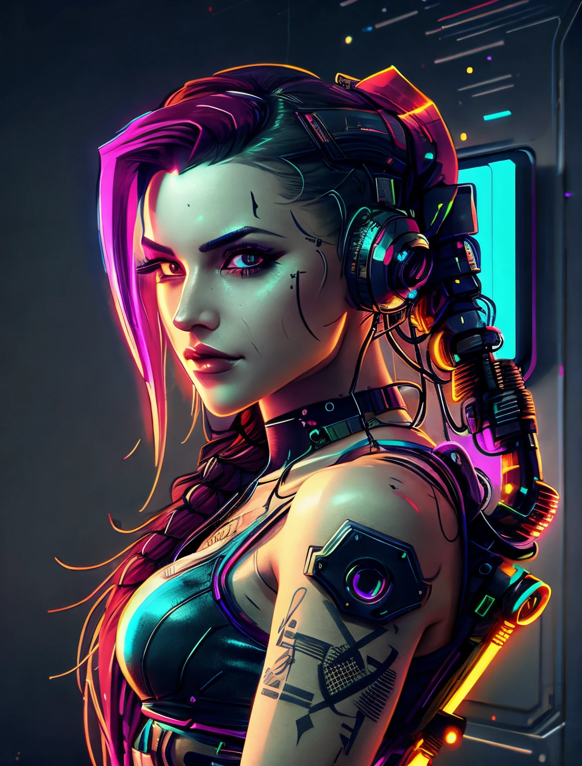 Fille aux cheveux longs，tatouage cyberpunk，Portrait，sourire，personnage de jeu，JeuCG，os pubien parfait，belle fille cyberpunk, style artistique cyberpunk, cyberpunk moderne, art cyberpunk numérique avancé, le portrait de fille cyberpunk, Lueur cyberpunk brillante, art du thème cyberpunk, art animé cyberpunk numérique, ambiance cyberpunk, ambiance cyberpunk, Il y a un style cyberpunk, Cyberpunk fête ses 20 ans. traits du visage parfaits，doigt parfait，Détails de main parfaits，Style de carte de poker, éclairage d&#39;ambiance lumineux，une proportion de visage parfaite，c4d，rendu octanérique