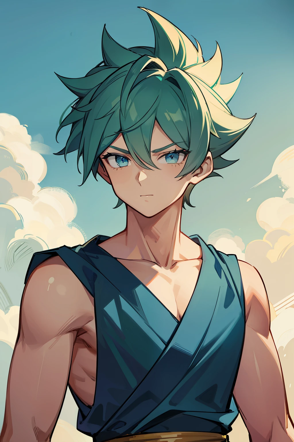 (high-quality, breathtaking),(expressive eyes, perfect face) 1boy, male, solo, young teen, medium blue hair, green coloured eyes, stylised hair, gentle smile, medium length hair, loose hair, side bangs, curley hair, really spiky hair, spiked up hair, looking at viewer, portrait, ancient greek clothes, blue black and white tunic, white Chlamys, sleeveless, greek, blue and gold sash, ocean background, laurel accessory, slightly narrow eyes, masculine face, masculine eyes