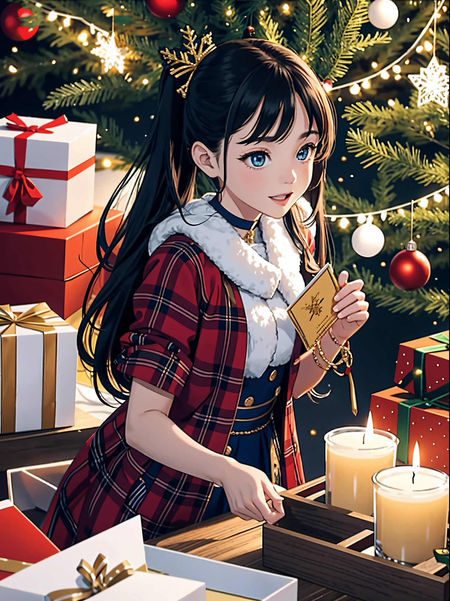 (best quality,4k,8k,highres,masterpiece:1.2),ultra-detailed,realistic,gifts,table,Christmas tree,decorations,wrapping ,bows,ribbon,presents,holiday spirit,vibrant colors,warm lighting,cozy atmosphere,toys,cards,candles,snowflakes,joyful,celebration,exquisite details,exciting surprises,shiny ornaments,sparkling tinsel,beautifully wrapped,excited children,anticipation,festive mood,magical ambiance,delightful moment,wonderful memories,family gathering,cheerful faces,Christmas magic,extravagant,abundance of presents,HDR,UHD,studio lighting,ultra-fine painting,sharp focus,physically-based rendering,professional,vivid colors,bokeh.