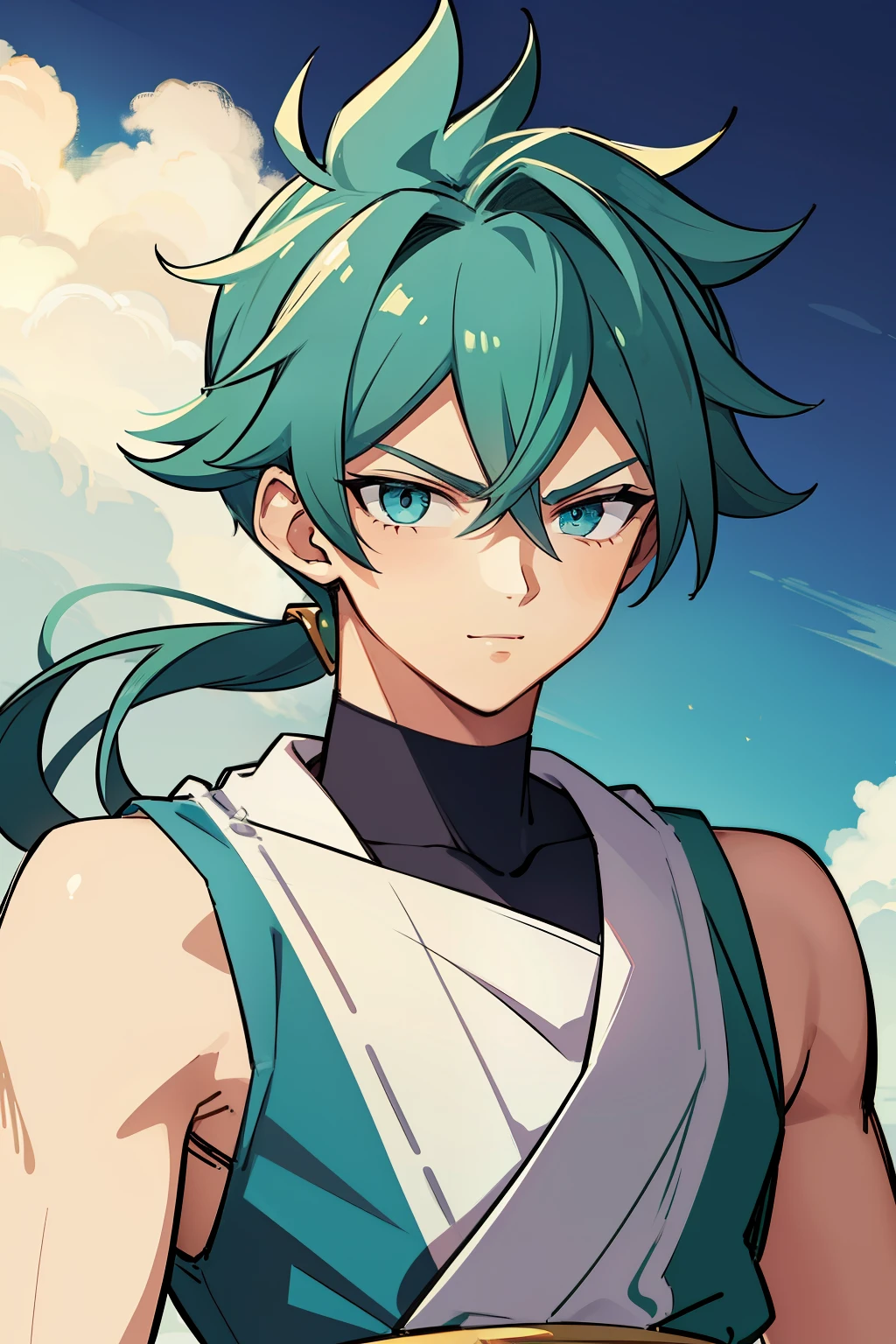 (high-quality, breathtaking),(expressive eyes, perfect face) 1boy, male, solo, young teen, medium blue hair, green coloured eyes, stylised hair, gentle smile, medium length hair, loose hair, side bangs, curley hair, really spiky hair, spiked up hair, ponytail, looking at viewer, portrait, ancient greek clothes, blue black and white tunic, white Chlamys, sleeveless, greek, blue and gold sash, ocean background, laurel accessory, slightly narrow eyes, masculine face, masculine eyes