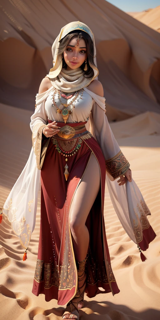 (best quality,4k,8k,highres,masterpiece:1.2),ultra-detailed,(realistic,photorealistic,photo-realistic:1.37),arab girl in arab dresses,ornate and vibrant patterns,expressive eyes and captivating smile,traditional headscarf and jewelry,flowing and intricate designs on the dresses and hijabs,delicate embroidery and beading,graceful posture and confident demeanor,dreamy desert landscape as the background,sunlight casting a warm glow on the scene,artsy and colorful depiction,portraits,rich and earthy color palette,lens flare effects,gorgeous sand dunes in the distance,intertwined culture and tradition,contemporary and traditional fusion,modern take on arab fashion,celebration of diversity and beauty,refined and elegant style,attention to cultural details