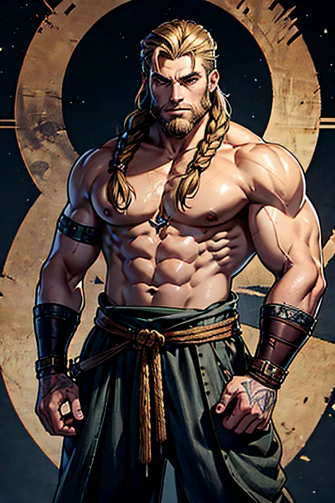 A Scandinavian male viking with long dark braided hair, gorgeous brown eyes, Battle scars all over his body, Earring on his righ...