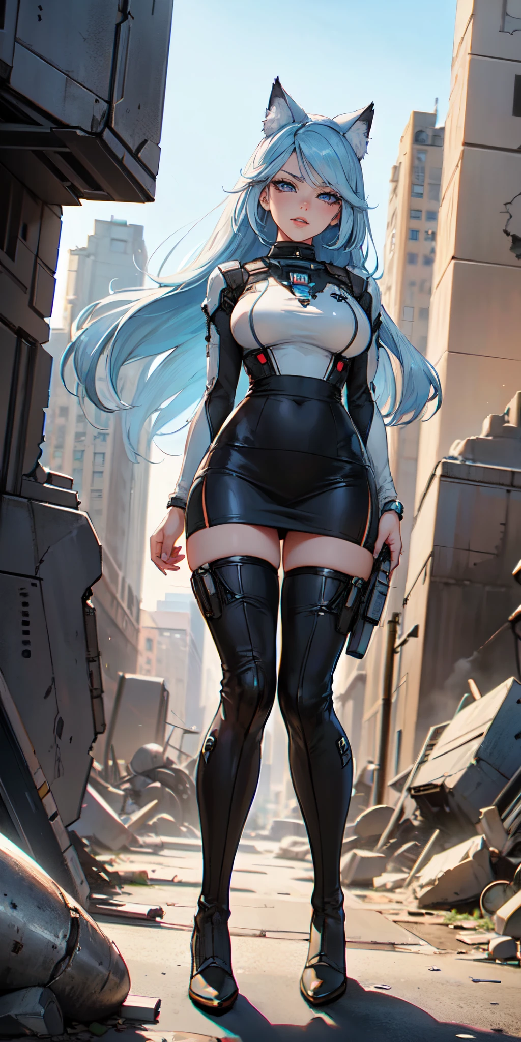 Masterpiece, beautiful art, 8k, art style by sciamano240, very detailed face, detailed clothes, detailed fabric, 1girl, beautiful face, asymmetrical long hair, light blue hair, wearing mass effect armor , tight pencil skirt, thigh boots , very detailed blue cat eyes, serious expression, destroyed city, full body view,